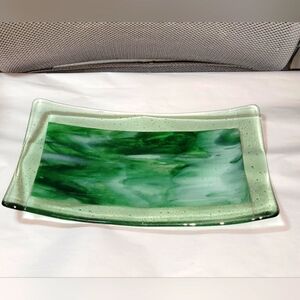 studio Art Glass Fused Rectangle Plate Dish Tray Abstract Green